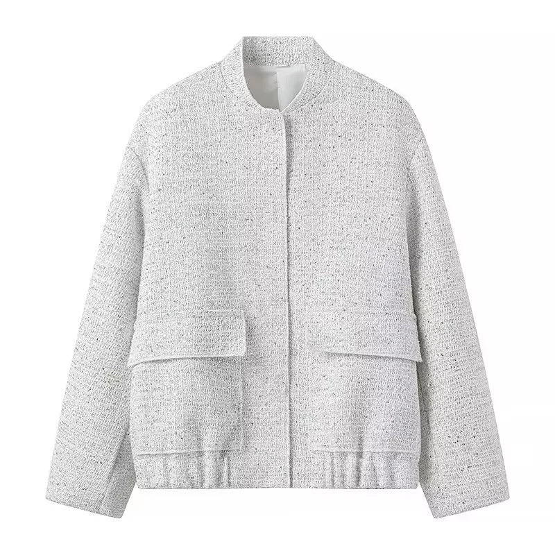 Damen 400+ Bouclé Kurzjacke mit Stehkragen, Pattentaschen und taillierendem Saum Drune