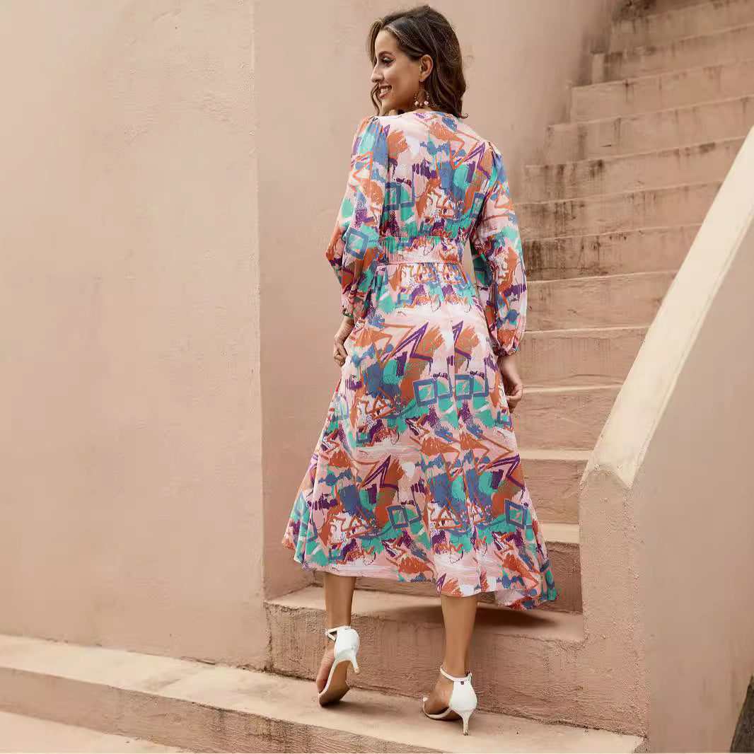 Damen Maxi-Kleid mit tiefem V-Ausschnitt und eleganten langen Ärmeln Drune