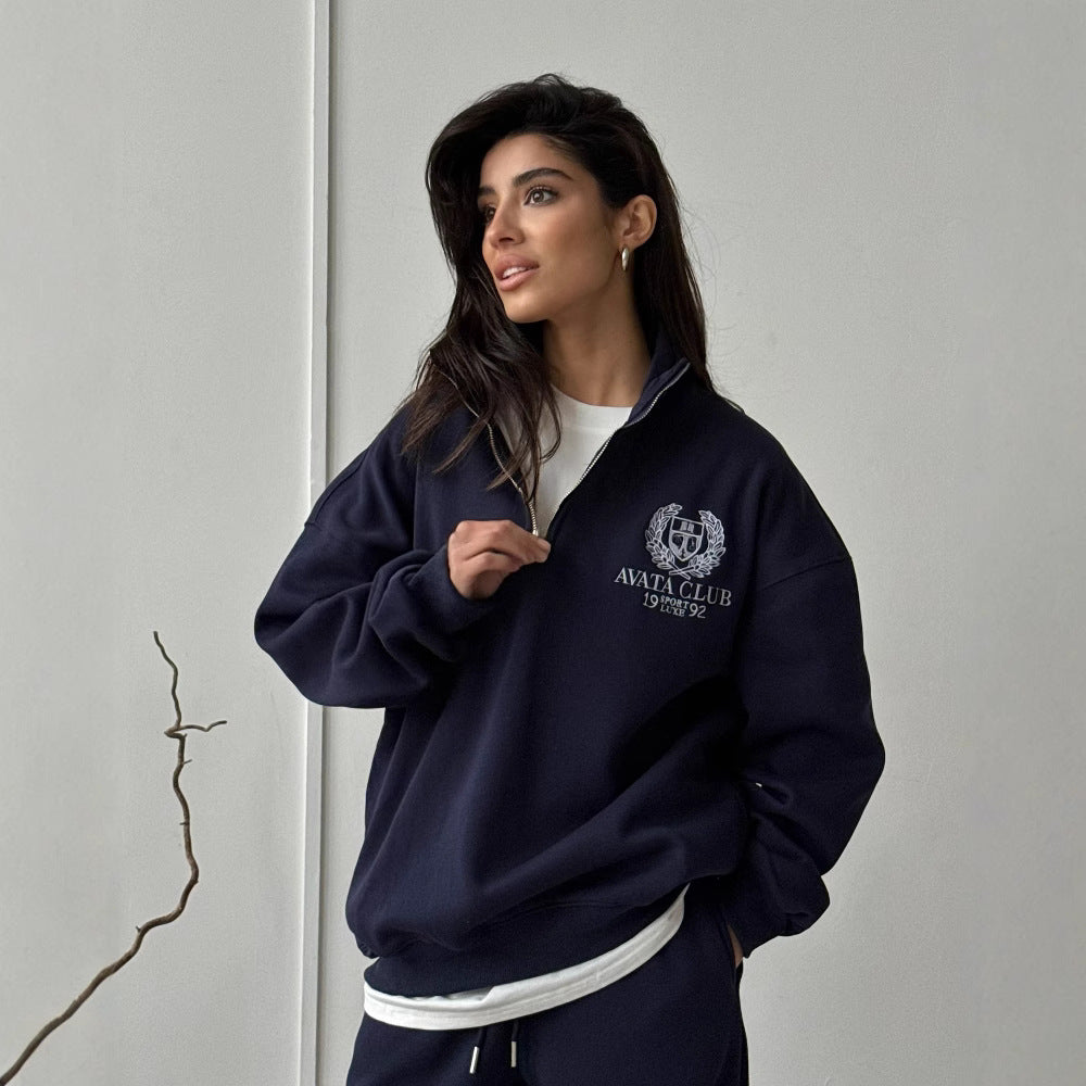 Drune | Halbzip Sweatshirt Übergröße Fit Gestickte Vorderseite Weicher Baumwollmix