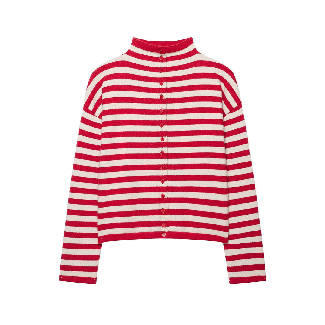 Damen Gestreifter Cropped-Strickcardigan mit Knopfleiste und Stehkragen Drune