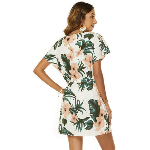 Damen Freizeit V-Ausschnitt Kordelzug Mini Kleid Drune