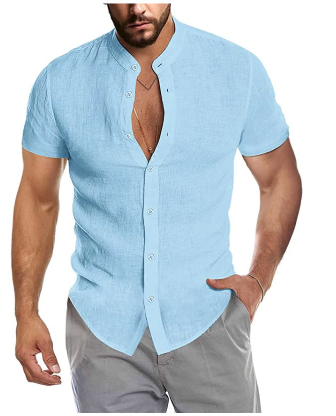 Herren Kurzarm Leinenhemd mit Stehkragen und dezenter Knopfleiste Drune