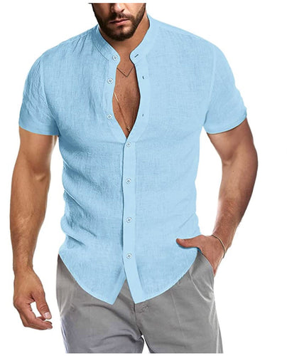 Herren Kurzarm Leinenhemd mit Stehkragen und dezenter Knopfleiste Drune