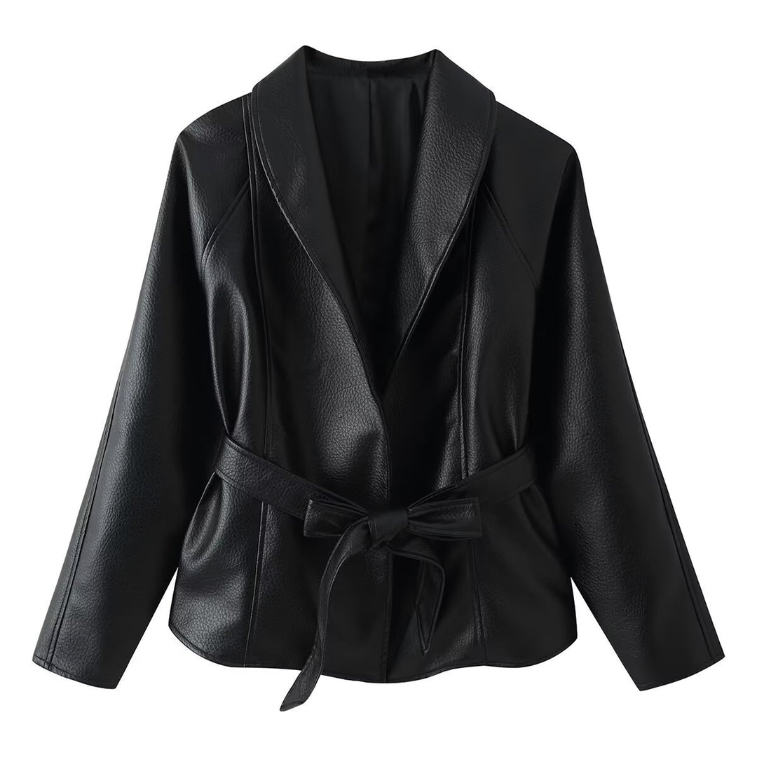 Damen Taillierte Kunstleder-Jacke mit Schalkragen und Bindegürtel Drune
