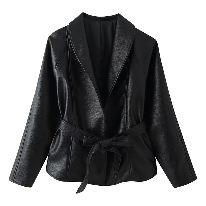 Damen Taillierte Kunstleder-Jacke mit Schalkragen und Bindegürtel Drune