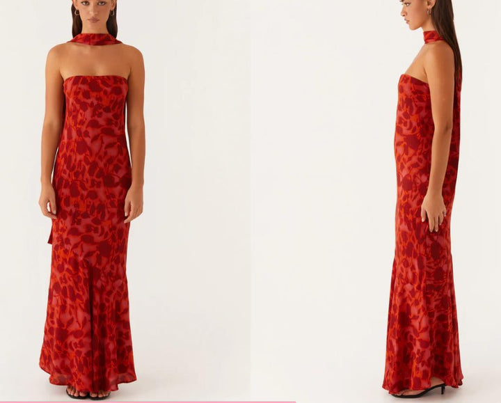 Damen Elegantes Langarm Abendkleid im Blumendesign Drune
