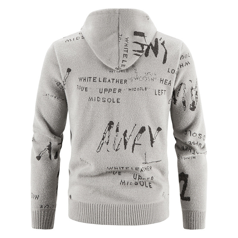 Herren Strick-Kapuzenjacke mit durchgehendem Reißverschluss, grafischem Allover-Print und Eingrifftaschen Drune