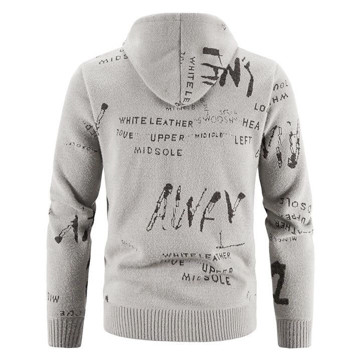 Herren Strick-Kapuzenjacke mit durchgehendem Reißverschluss, grafischem Allover-Print und Eingrifftaschen Drune