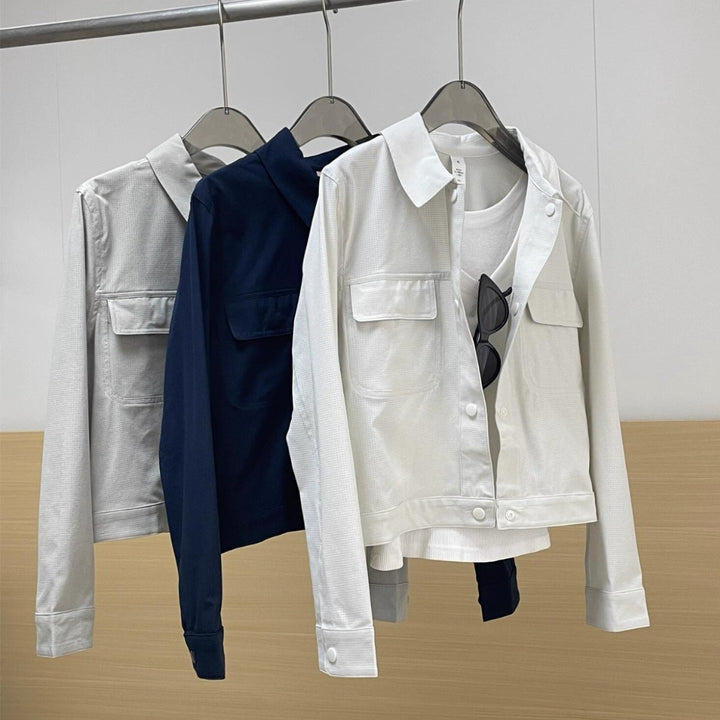 Damen Kurze Overshirt-Jacke aus strukturiertem Canvas mit Brusttaschen Drune