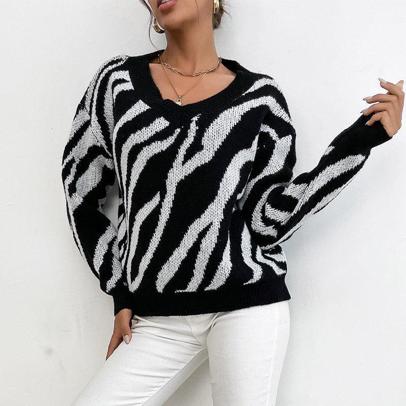 Damen Modischer Pullover mit Zebrastreifen-Design Drune