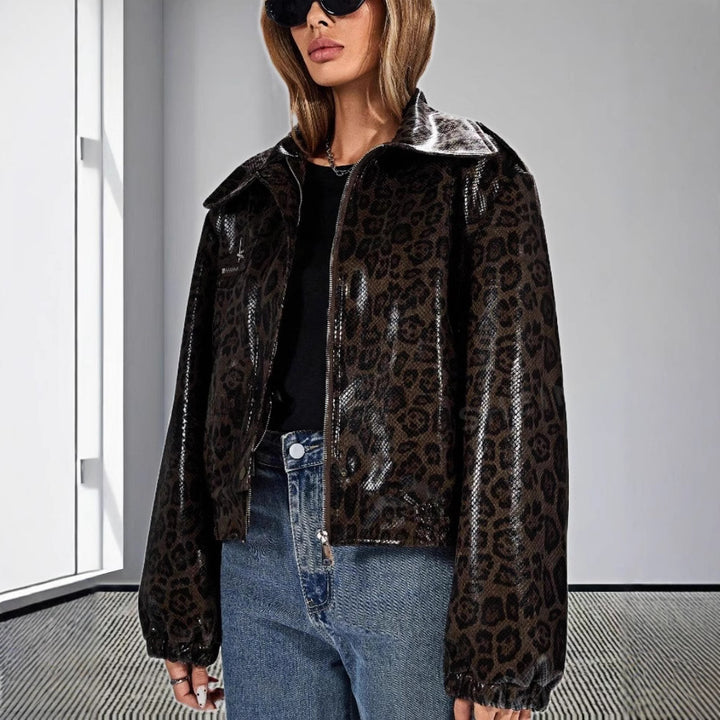 Damen Kunstleder Bikerjacke im Leo-Design Drune