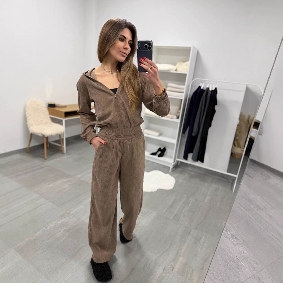 Damen weiches Cordvelours-Zweiteiler mit kurzer Kapuzenzipjacke und weiter Komforthose Drune