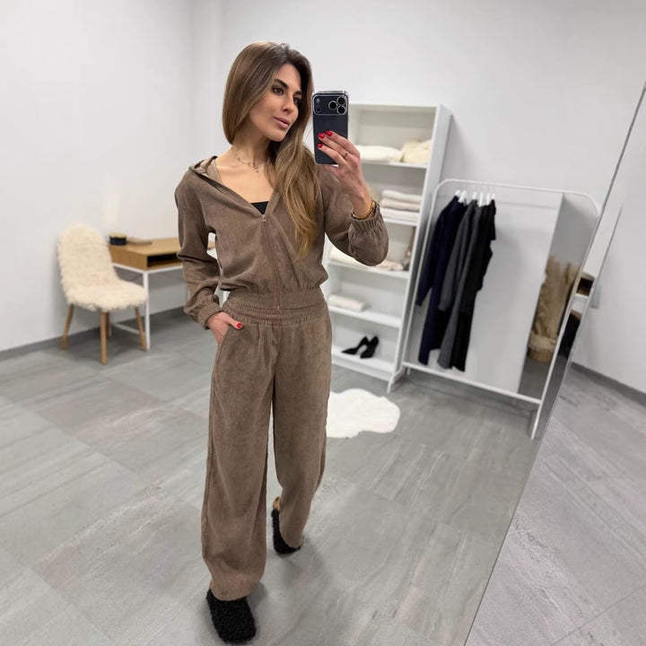 Damen weiches Cordvelours-Zweiteiler mit kurzer Kapuzenzipjacke und weiter Komforthose Drune