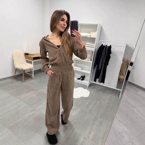 Damen weiches Cordvelours-Zweiteiler mit kurzer Kapuzenzipjacke und weiter Komforthose Drune