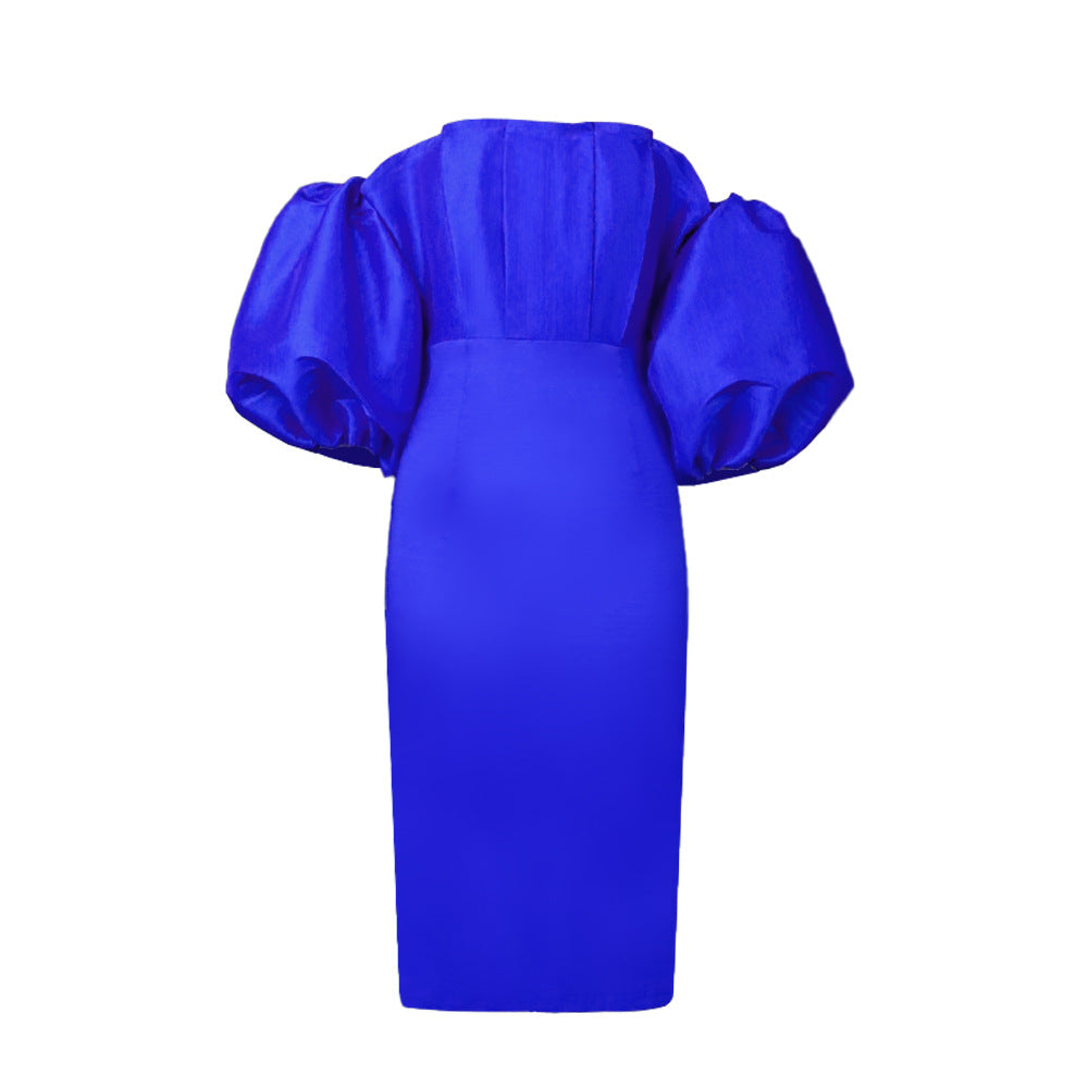 Damen figurbetontes Kleid mit schulterfreiem Design und voluminösen Puffärmeln Drune