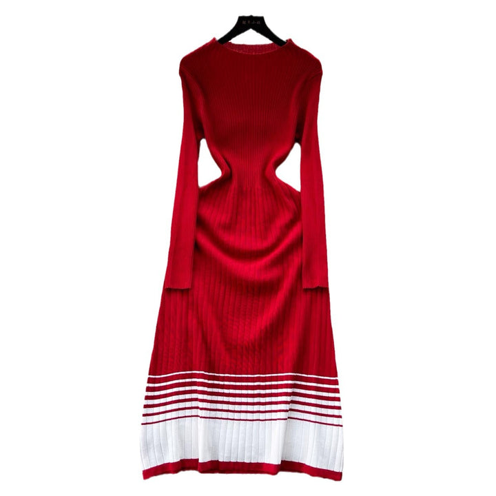 Damen Strickkleid mit hohem Kragen und raffiniertem Streifenmuster Drune