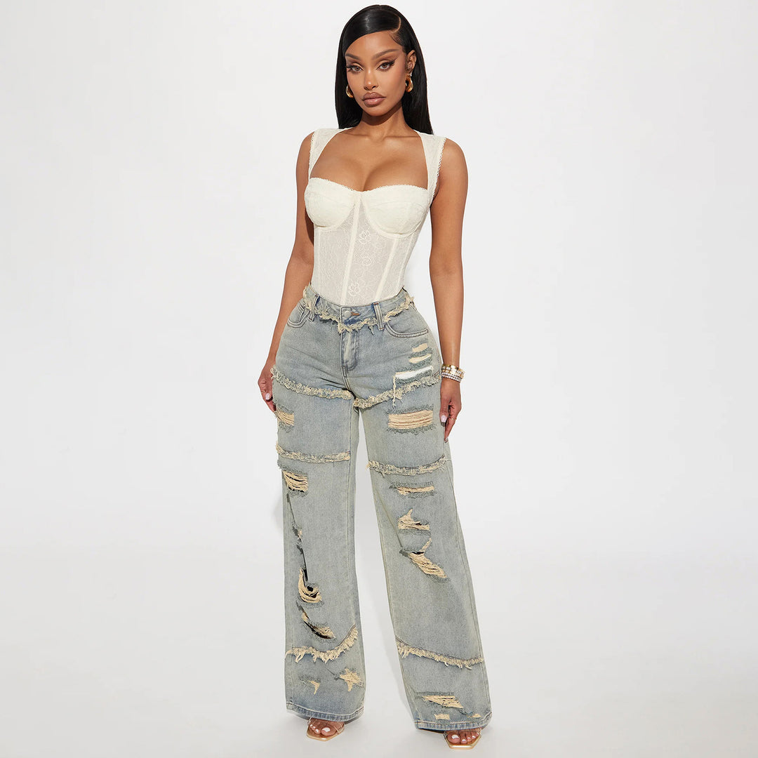 Damen Hochtaillierte Oversize-Jeans mit weitem Bein und ausgefransten Rissen Drune