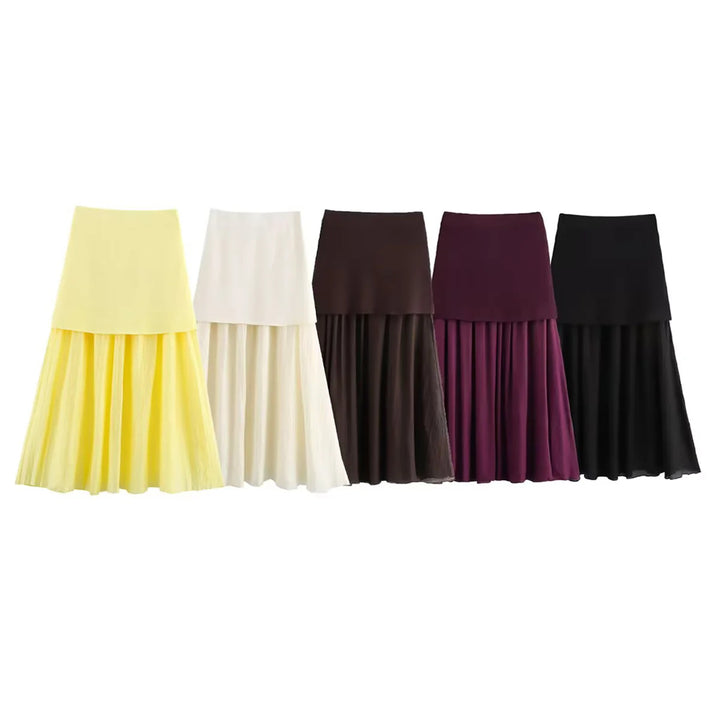 Damen nan zweilagiger Maxi-Rock mit plissiertem Chiffon und hoher Taille Drune