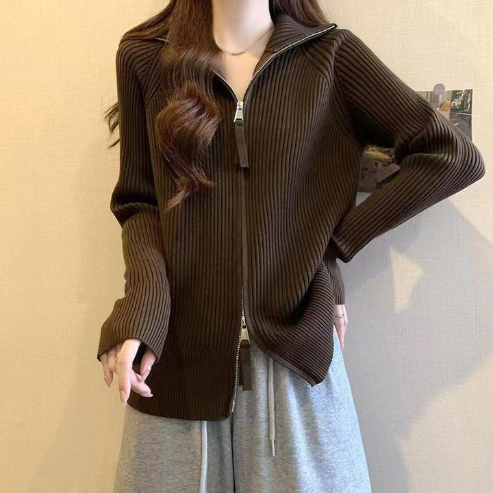 Damen modische Strickjacke mit durchgehendem Reißverschluss Drune