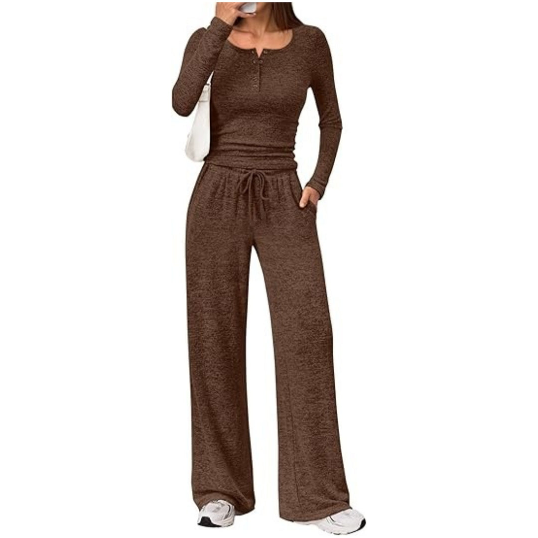 Damen Zweiteiliges Feinstrick-Lounge-Set mit Henley-Top und Palazzo-Hose Drune