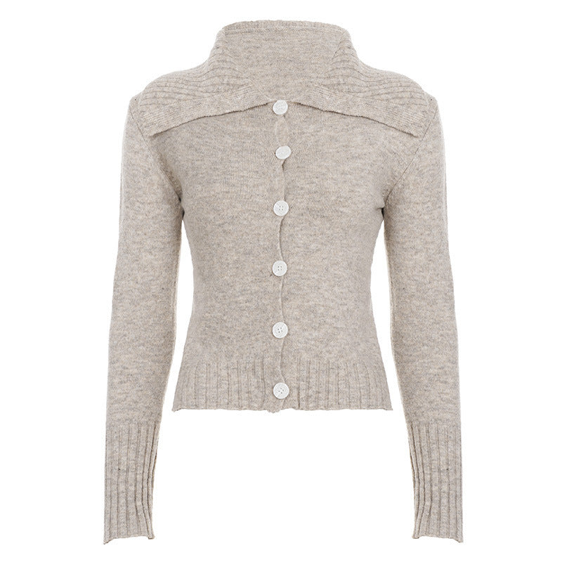 Damen Kurze Strickjacke mit rückseitiger Knopfleiste und weitem Umlegekragen Drune