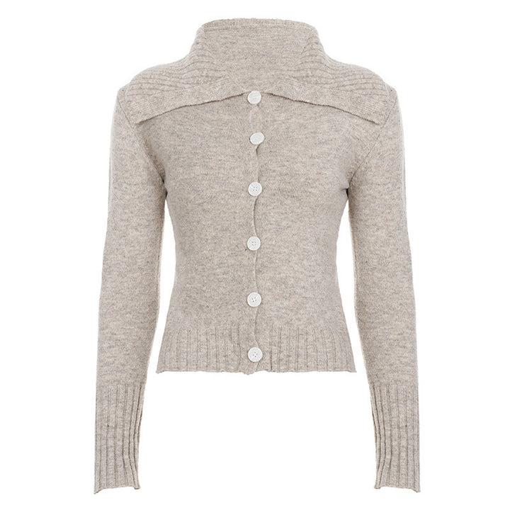 Damen Kurze Strickjacke mit rückseitiger Knopfleiste und weitem Umlegekragen Drune