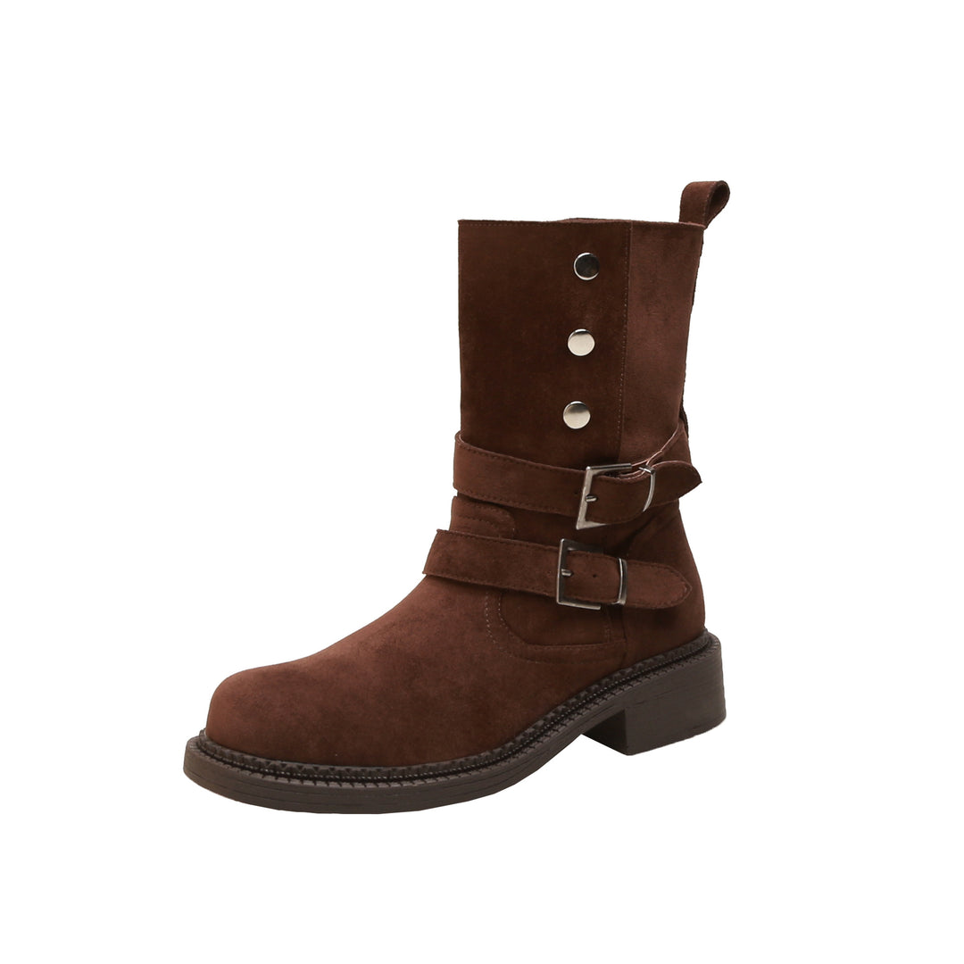 Damen Kurzschaft-Bikerboot aus Wildleder mit verstellbaren Schnallen und markantem Blockabsatz Drune