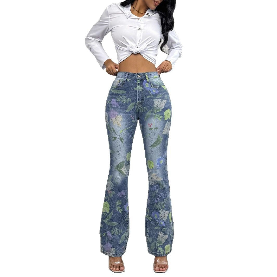 Damen Hochtaillierte Floral-Print Denim-Jeans im leichten Flared‑Straight Schnitt Drune