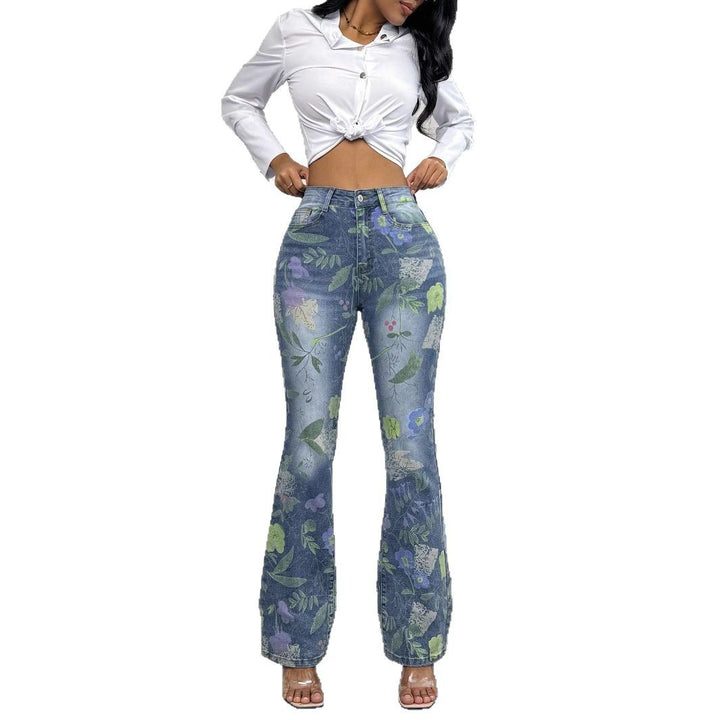 Damen Hochtaillierte Floral-Print Denim-Jeans im leichten Flared‑Straight Schnitt Drune