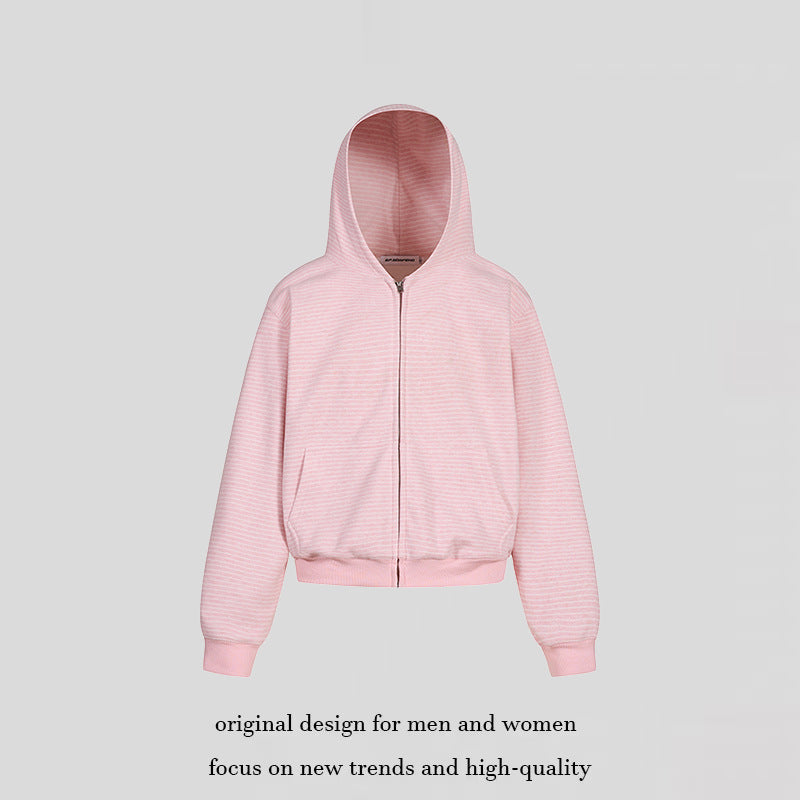 Damen Kurz geschnittene Kapuzen-Sweatjacke mit kurzem Bund, Streifenstruktur und Reißverschluss Drune