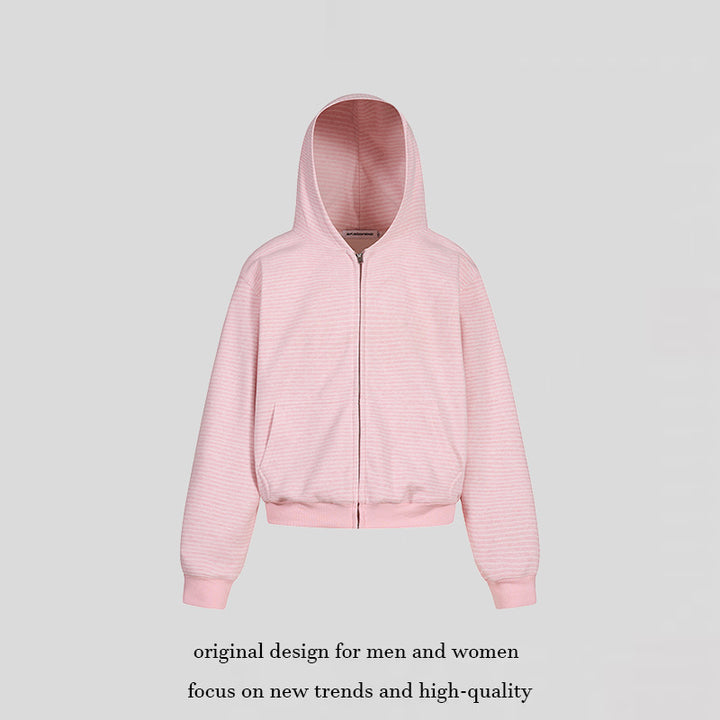 Damen Kurz geschnittene Kapuzen-Sweatjacke mit kurzem Bund, Streifenstruktur und Reißverschluss Drune