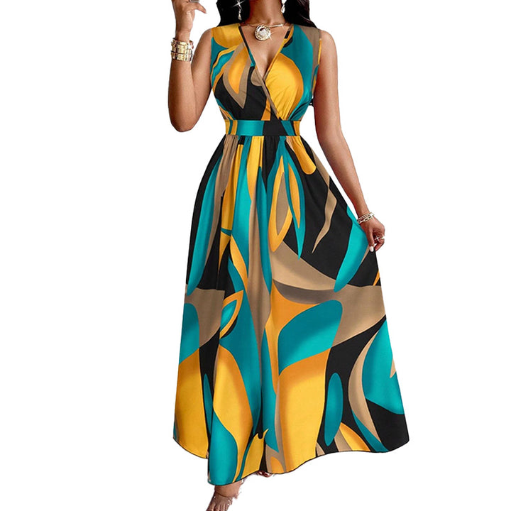 Damen Elegantes Maxikleid mit modernem, farbenprächtigen Design und tiefem V-Ausschnitt Drune