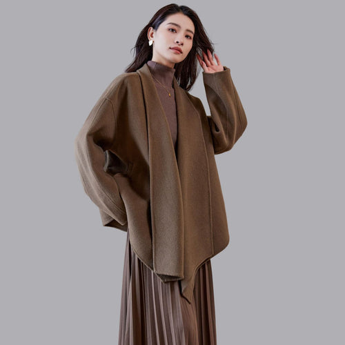 Damen Oversize-Mantel aus Wollmix mit offenem Schalkragen und asymmetrischem Saum Drune