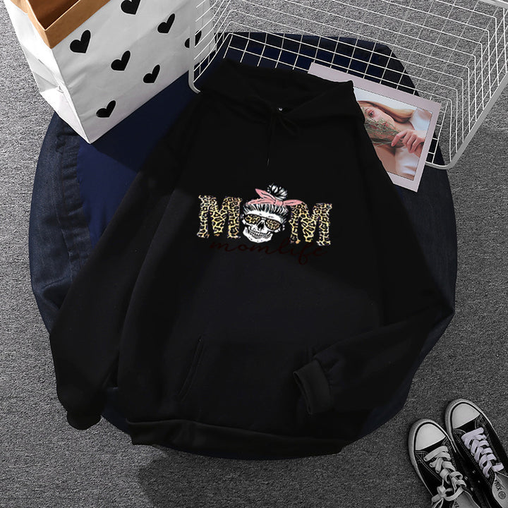 Damen nan Kapuzenpullover mit "Momlife" Skull-Print, Kängurutasche, weichem Fleece-Innenfutter und lockerer Oversize-Passform Drune