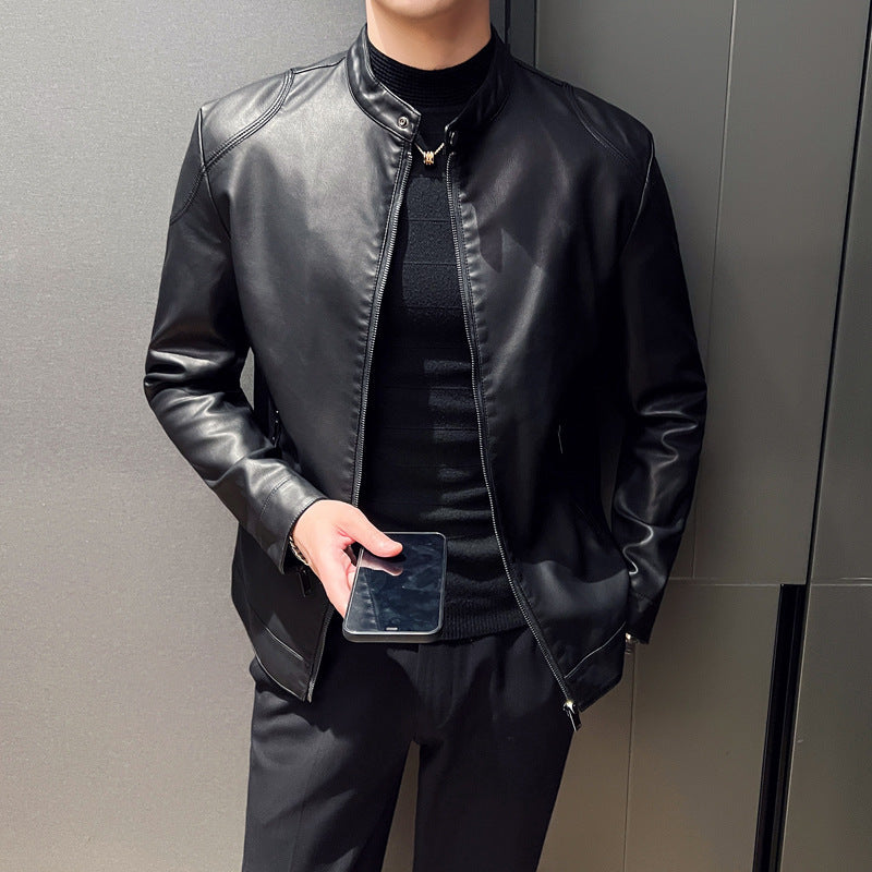 Herren schlanker Kunstlederblouson Motorrad-inspiriertes Design mit kurzem Stehkragen und verdecktem Reißverschluss Drune