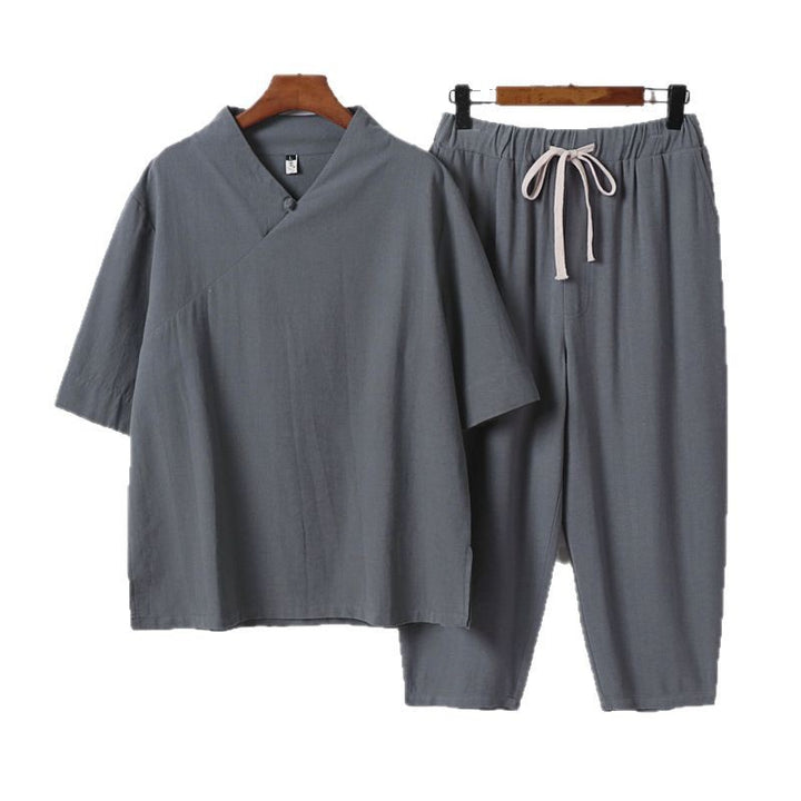Herren Atmungsaktives Leinen-Baumwoll Lounge-Set mit asymmetrischem V-Kragen und elastischer Kordelhose Drune