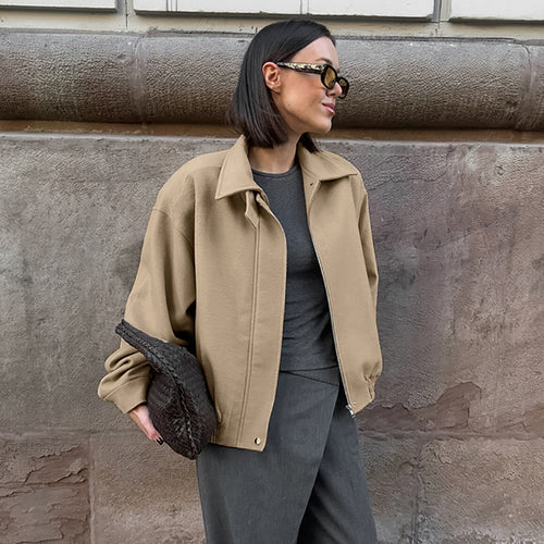 Damen Oversized Baumwolljacke mit Stehkragen und praktischen Taschen Drune