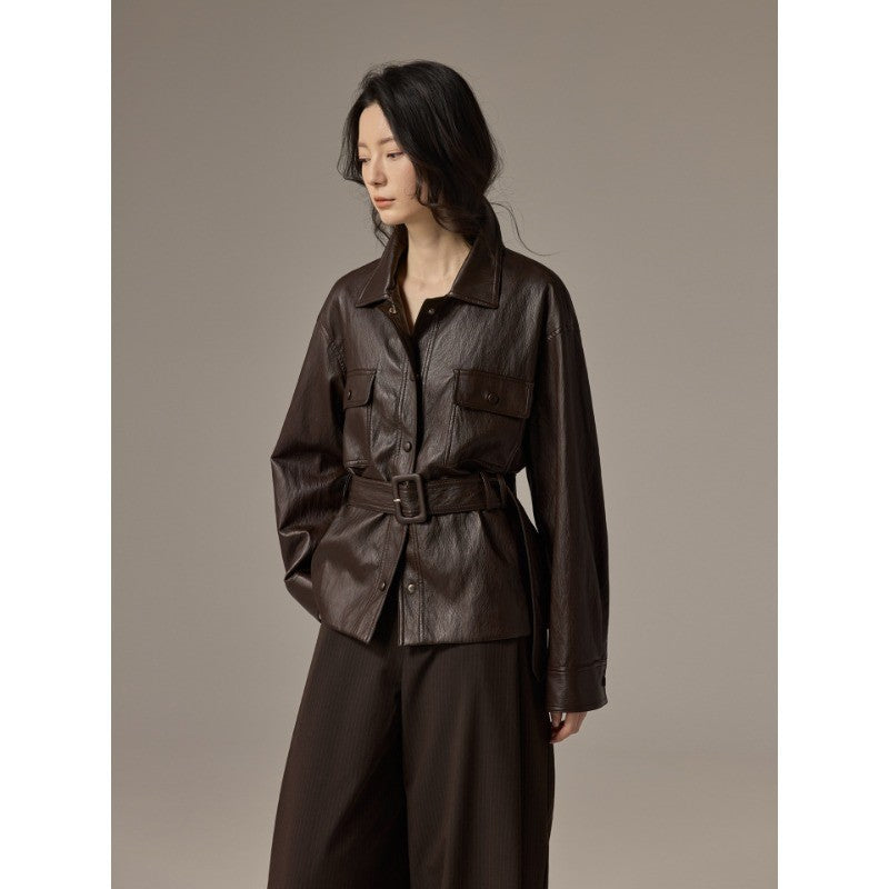 Damen Hemdjacke aus Lederoptik mit tailliertem Gürtel Drune