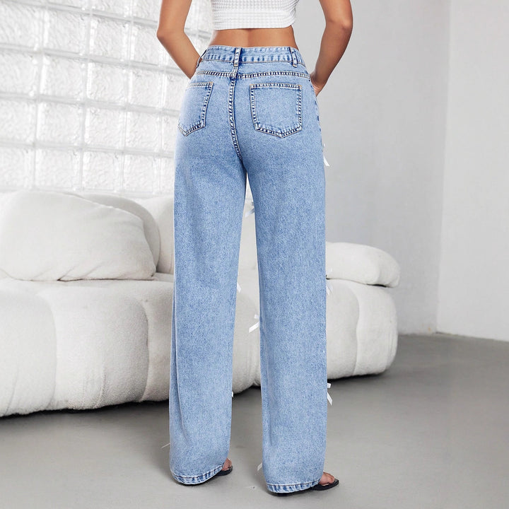 Damen weite Jeans mit dekorativen Schleifen und Knopfdetails Drune