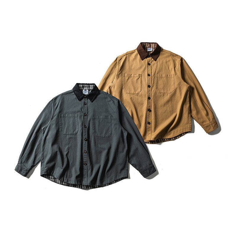 Unisex Oversize Hemdjacke mit Kontrastkragen und kariertem Innenfutter Drune
