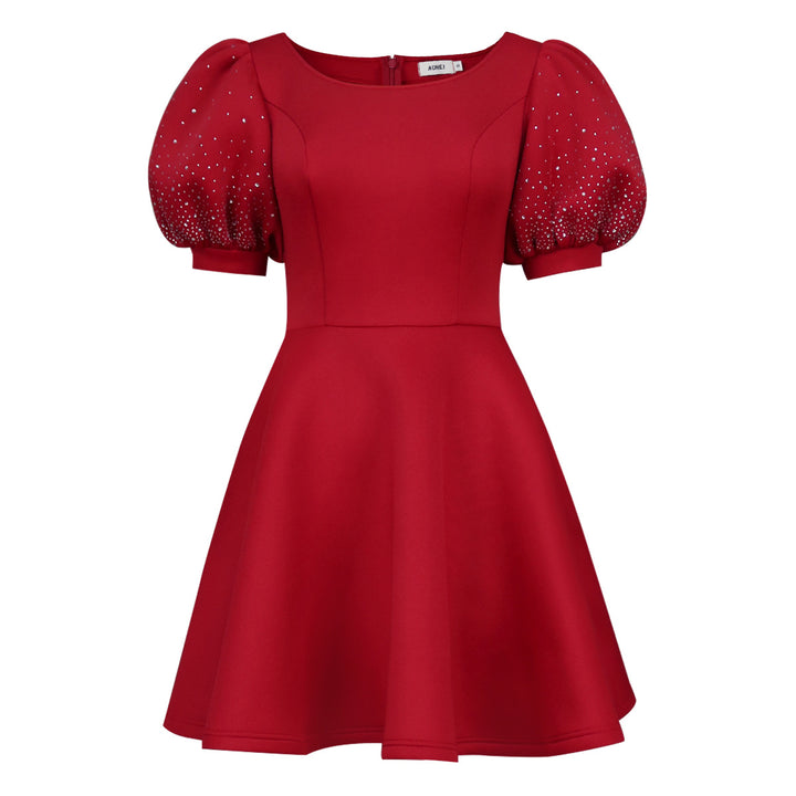 Damen A-Linien Kleid mit glamourösen Puffärmeln und Perlenapplikationen Drune