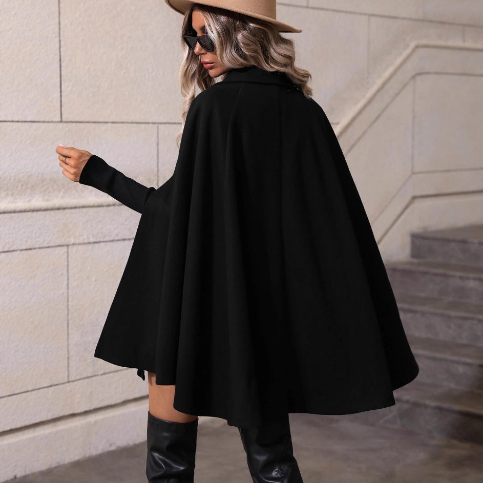 Damen Doppelreihiger Wollcape-Mantel mit Armöffnungen und Stehkragen Drune