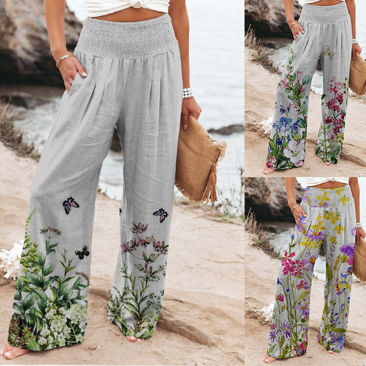 Damen weite Floral-Hose mit elastischem Bund und seitlichen Taschen Drune