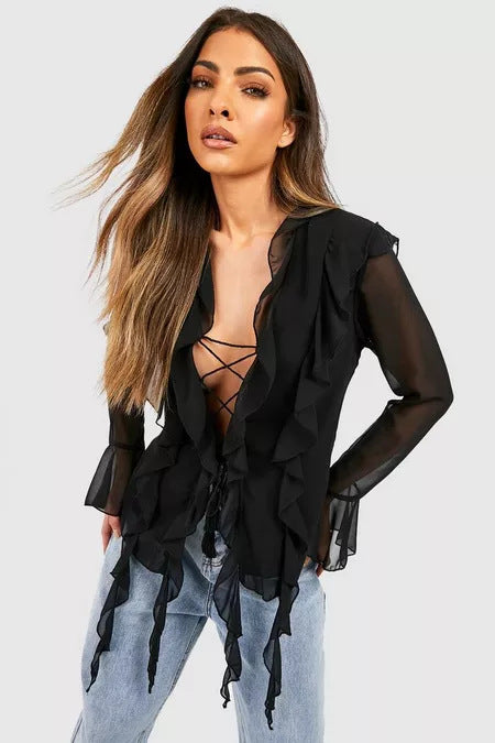 Damen Rüschenshirt mit eleganten Schnürdetails und transparenten Ärmeln Drune