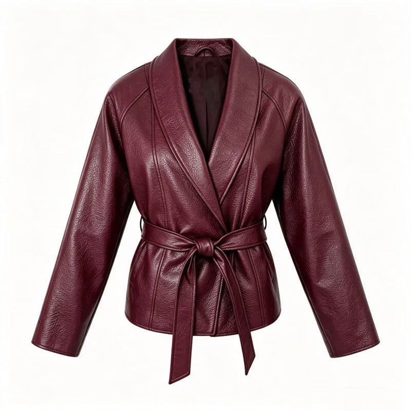 Damen Taillierte Kunstlederjacke mit Schalkragen und Bindegürtel Drune