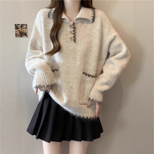 Damen Strickpullover mit Kragen und Knopfdetails Drune
