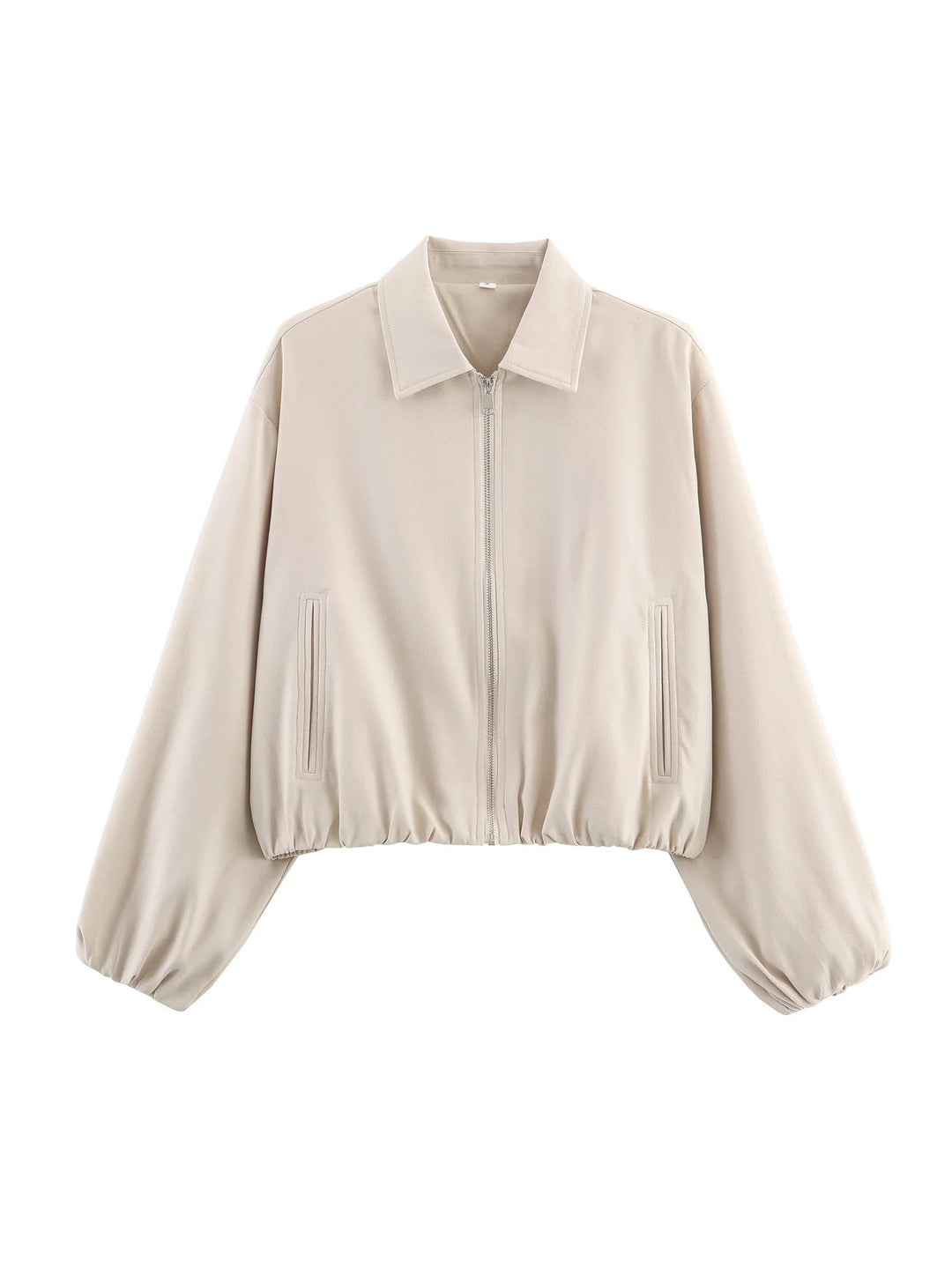 Damen nan Cropped Bomberjacke mit durchgehendem Reißverschluss, weitem Ballonärmeln und elastischem Saum Drune