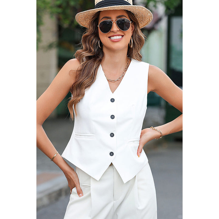 Damen ärmellose Bluse mit elegant schmalem Schnitt und Knopfleiste Drune