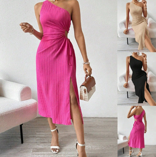 Damen Einseitig geschnittenes Midikleid mit Rippstruktur, Cut-Out und seitlichem Schlitz Drune