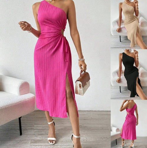 Damen Einseitig geschnittenes Midikleid mit Rippstruktur, Cut-Out und seitlichem Schlitz Drune